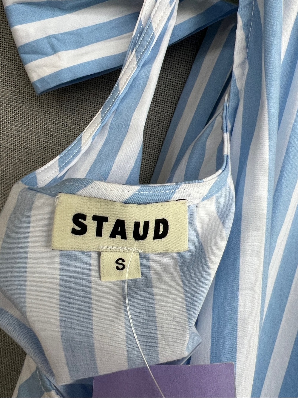 NWT Staud Marlowe Halter bow MINI cotton dress sea stripe white blue size S - Picture 11 of 12